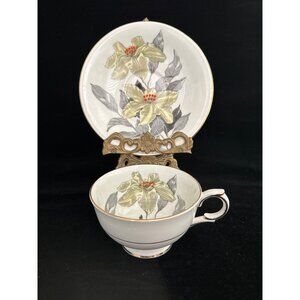 Vintage Clarence Bone China Yellow Floral Teacup & Saucer Gold Trim England